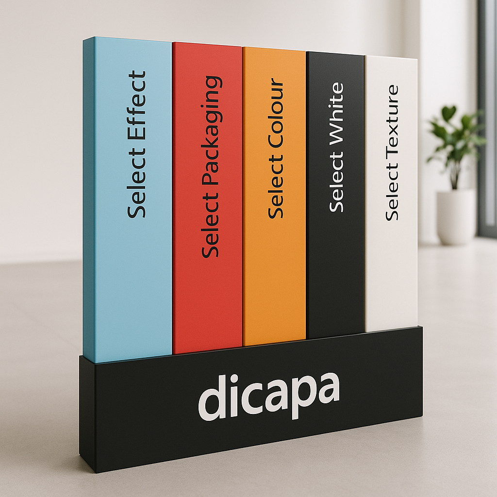 Papier de création Dicapa Select Effect - 24hprint.ma Présentoir de catalogue affichant cinq sections verticales intitulées « Select Effect, Select Packaging, Select Colour, Selec