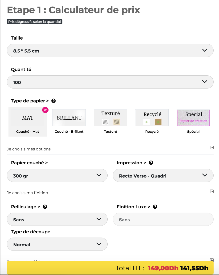 Capture du calculateur de prix 24hprint.ma