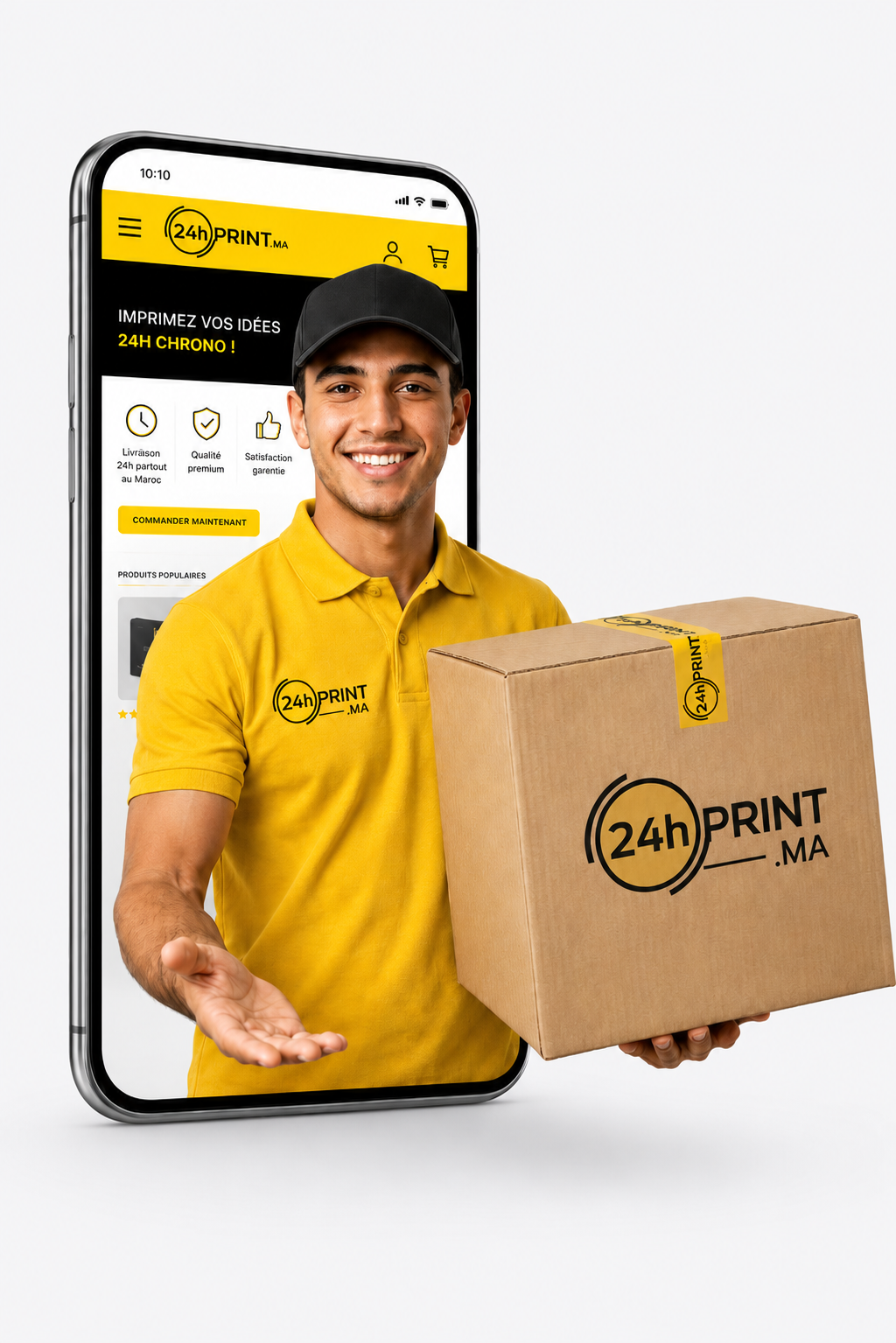 Livreur 24hprint présentant une commande imprimée